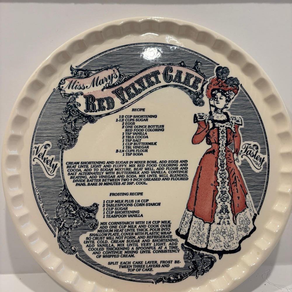 Vintage 1983 Royal China Co Miss Marys Red Velvet Cake Recipe Pie Plate 11 Inch